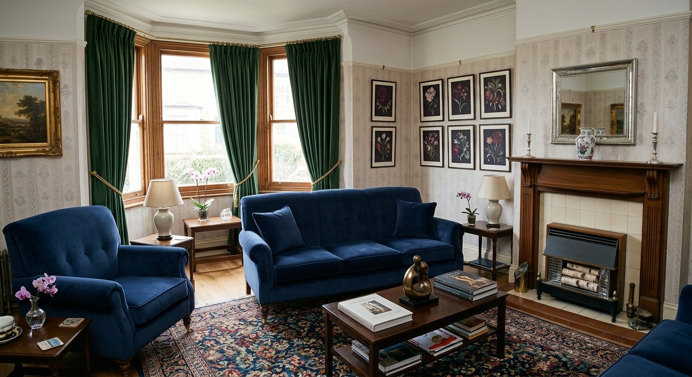 A Victorian drawing room after designer staging — navy velvet sofas, green curtains, botanical prints